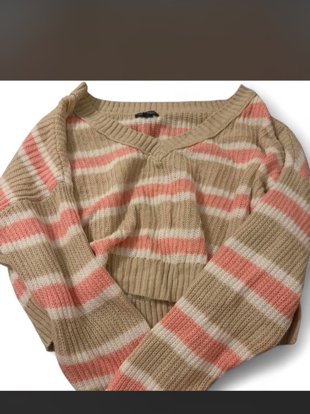 wild fable Beige, Pink & Cream Striped V-Neck Sweater